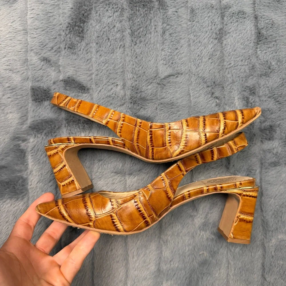 Vince Camuto Hamden Tan Croc Embossed Leather Slingback Block Heel Pumps 8.5M